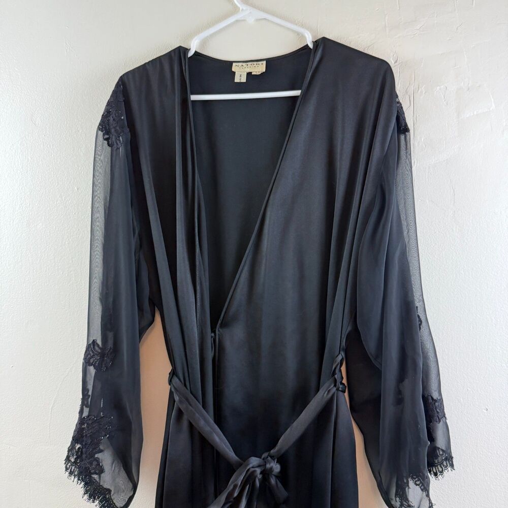 Natori Black Satin & Lace Long Robe - Picture 2 of 15